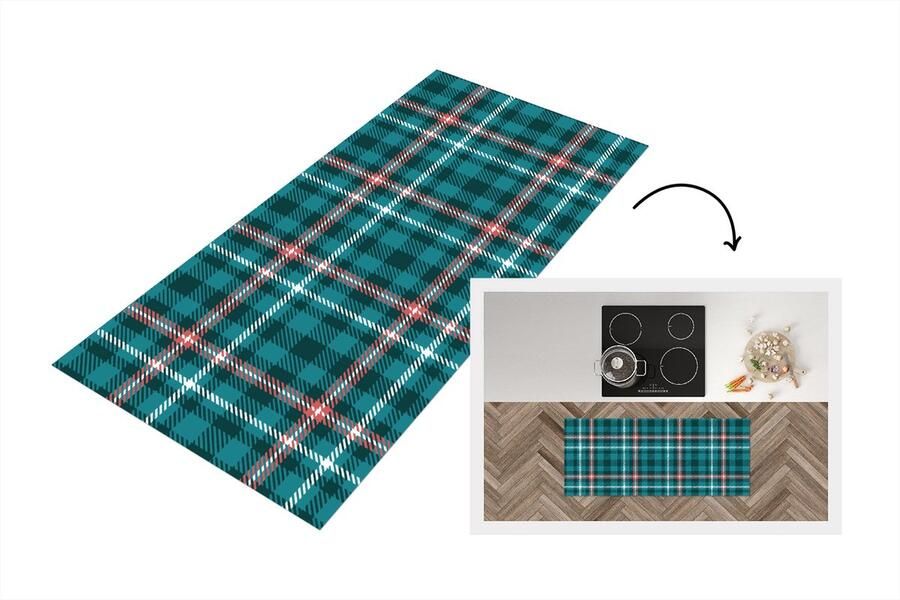 KitchenYeah Keukenloper Loper keuken Plaid Schotse ruit Patronen Blauw Roze 120x50 cm Keukenloper vinyl