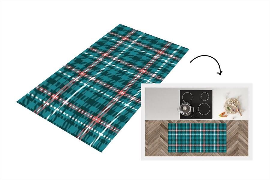 KitchenYeah Keukenloper Loper keuken Plaid Schotse ruit Patronen Blauw Roze 120x60 cm Keukenloper vinyl