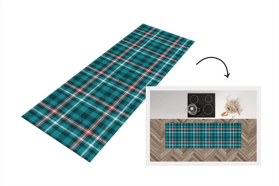 KitchenYeah Keukenloper Loper keuken Plaid Schotse ruit Patronen Blauw Roze 150x50 cm Keukenloper vinyl