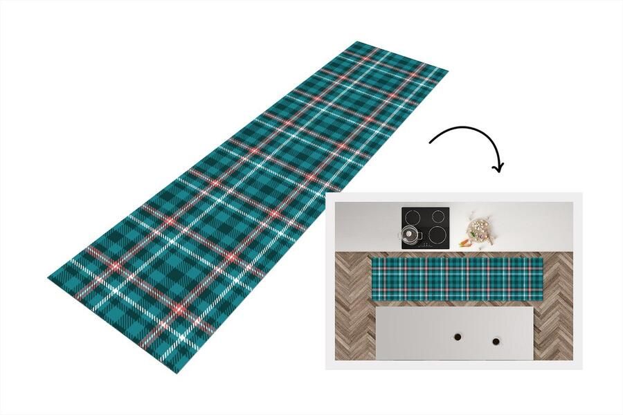 KitchenYeah Keukenloper Loper keuken Plaid Schotse ruit Patronen Blauw Roze 200x50 cm Keukenloper vinyl