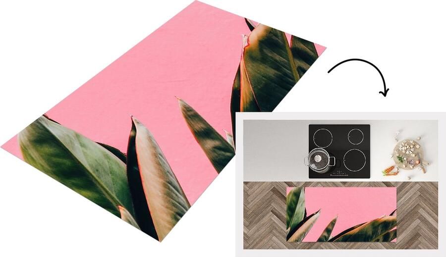 KitchenYeah Keukenloper Loper keuken Planten Bladeren Vrouwentong Roze Tropisch 120x60 cm Keukenloper vinyl