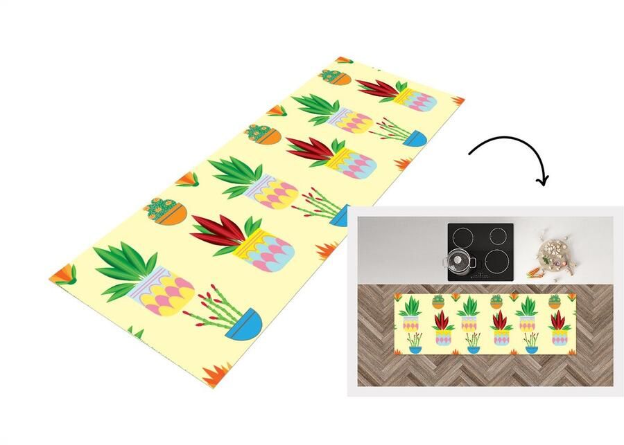KitchenYeah Keukenloper Loper keuken Planten Bloempot Patronen Regenboog 150x50 cm Keukenloper vinyl