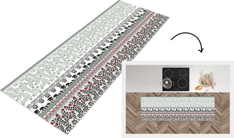 KitchenYeah Keukenloper Loper keuken Planten Olifant Patroon 180x60 cm Keukenloper vinyl