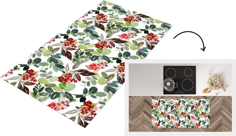KitchenYeah Keukenloper Loper keuken Planten Waterverf Bessen 120x60 cm Keukenloper vinyl