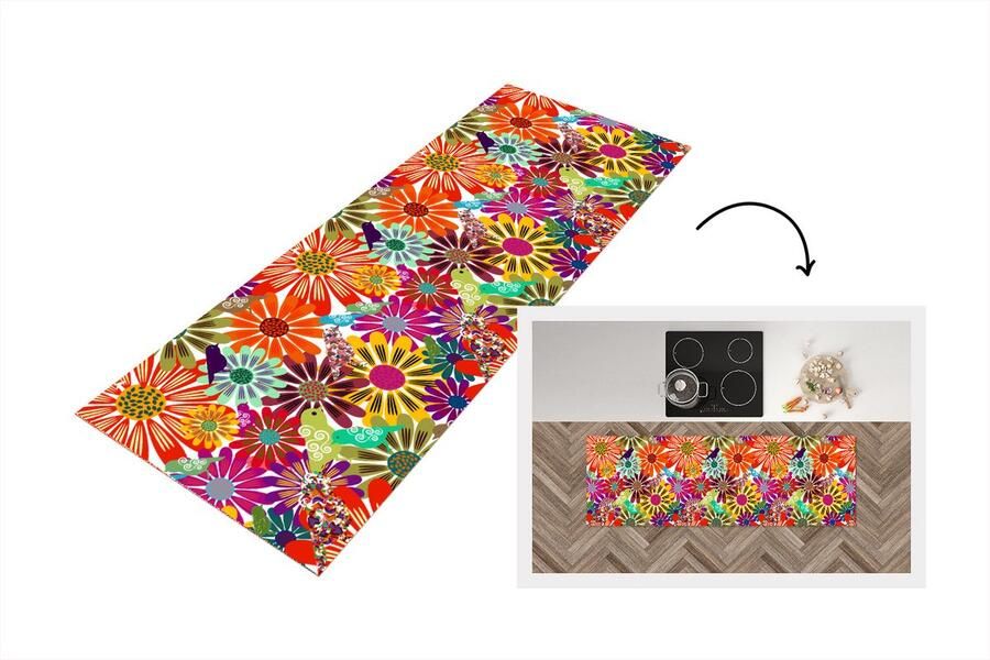 KitchenYeah Keukenloper Loper keuken Regenboog Bloemen Patronen Hippie 180x60 cm Keukenloper vinyl