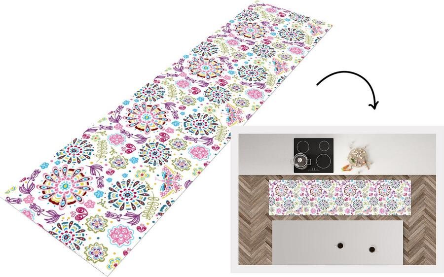 KitchenYeah Keukenloper Loper keuken Regenboog Bloemen Vlinder Design 200x50 cm Keukenloper vinyl