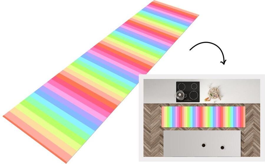 KitchenYeah Keukenloper Loper keuken Regenboog Patronen Pastel 240x60 cm Keukenloper vinyl