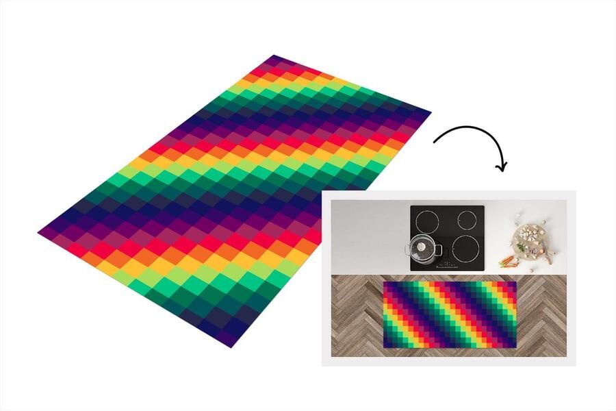 KitchenYeah Keukenloper Loper keuken Regenboog Patronen Pixel 120x60 cm Keukenloper vinyl