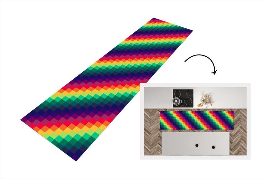 KitchenYeah Keukenloper Loper keuken Regenboog Patronen Pixel 200x50 cm Keukenloper vinyl
