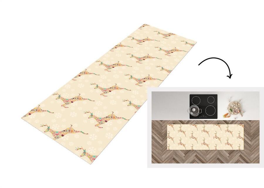 KitchenYeah Keukenloper Loper keuken Regenboog Rendier Kerst cadeau Patronen Christmas 150x50 cm Keukenloper vinyl