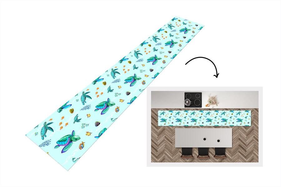 KitchenYeah Keukenloper Keukenmat Regenboog Schildpad Vis Water Patronen 360x60 cm Keuken vloerkleed