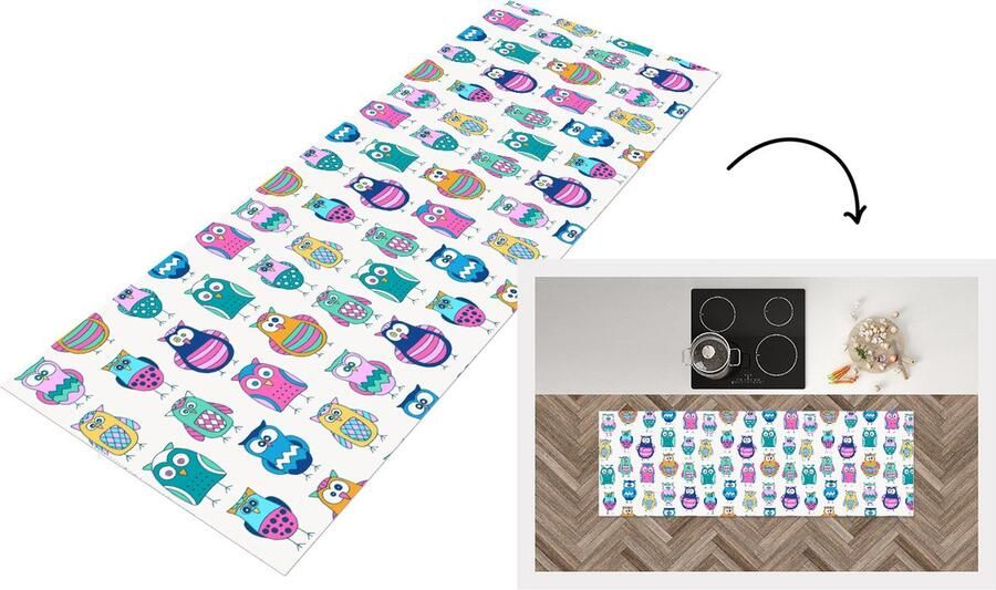 KitchenYeah Keukenloper Loper keuken Regenboog Uil Cartoon 180x60 cm Keukenloper vinyl