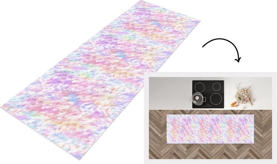 KitchenYeah Keukenloper Loper keuken Regenboog Verf Patroon Tie dye 150x50 cm Keukenloper vinyl