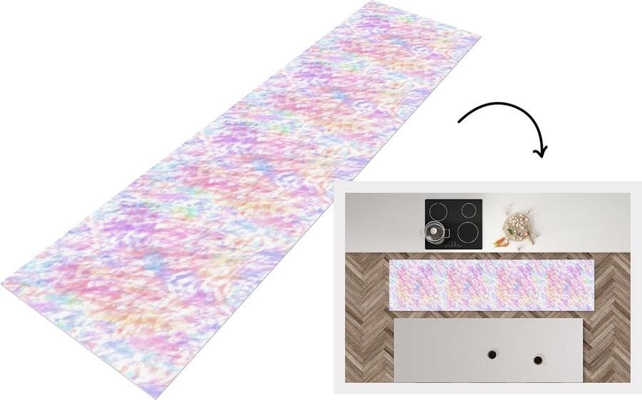 KitchenYeah Keukenloper Loper keuken Regenboog Verf Patroon Tie dye 240x60 cm Keukenloper vinyl