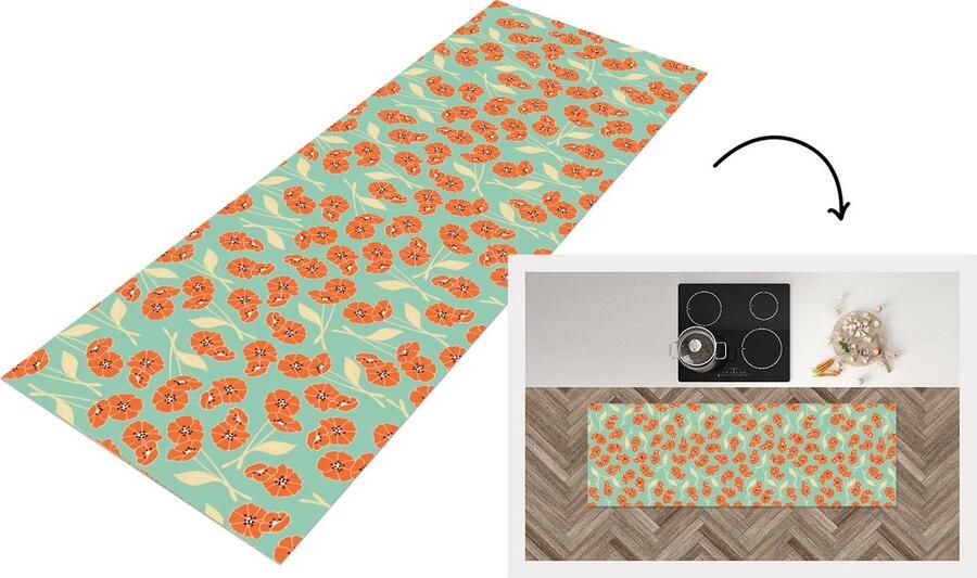 KitchenYeah Keukenloper Loper keuken Retro Bloemen Design Oranje 180x60 cm Keukenloper vinyl
