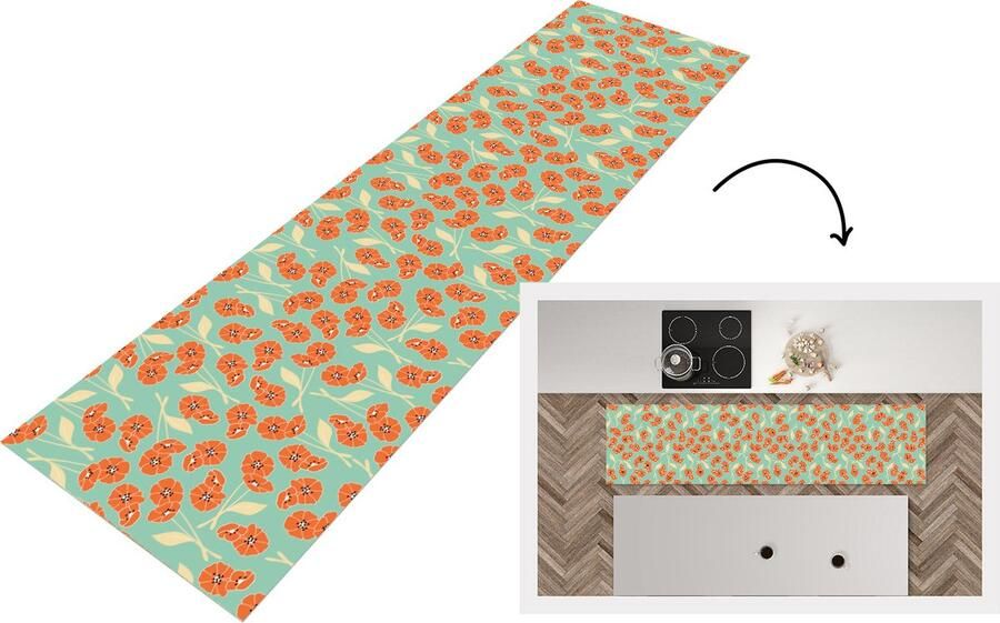KitchenYeah Keukenloper Loper keuken Retro Bloemen Design Oranje 240x60 cm Keukenloper vinyl
