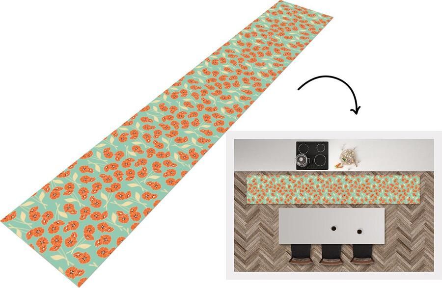KitchenYeah Keukenloper Keukenmat Retro Bloemen Design Oranje 360x60 cm Keuken vloerkleed