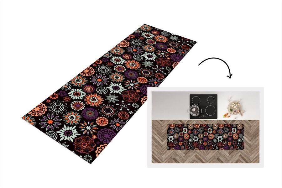 KitchenYeah Keukenloper Loper keuken Retro Bloemen Regenboog Boho Patronen 150x50 cm Keukenloper vinyl