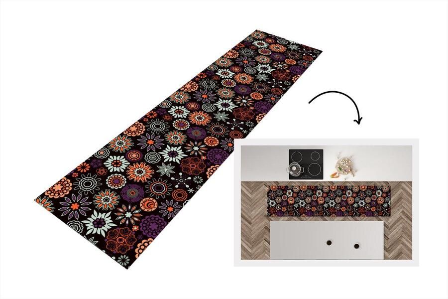 KitchenYeah Keukenloper Loper keuken Retro Bloemen Regenboog Boho Patronen 200x50 cm Keukenloper vinyl