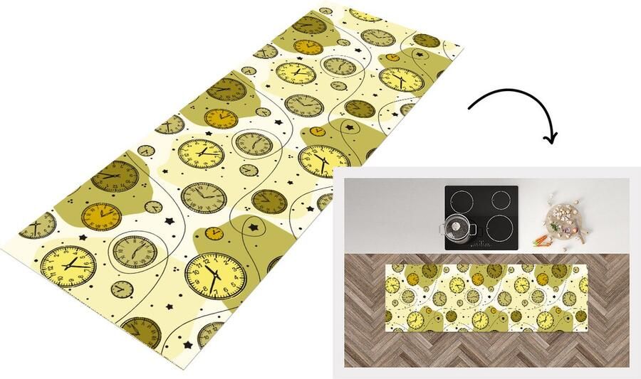KitchenYeah Keukenloper Loper keuken Retro Klok Patronen Stippen 180x60 cm Keukenloper vinyl