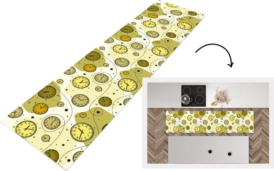 KitchenYeah Keukenloper Loper keuken Retro Klok Patronen Stippen 240x60 cm Keukenloper vinyl