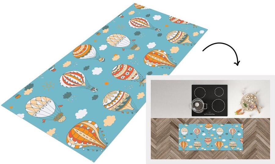 KitchenYeah Keukenloper Loper keuken Retro Luchtballon Pastel Kinderen Design 120x50 cm Keukenloper vinyl