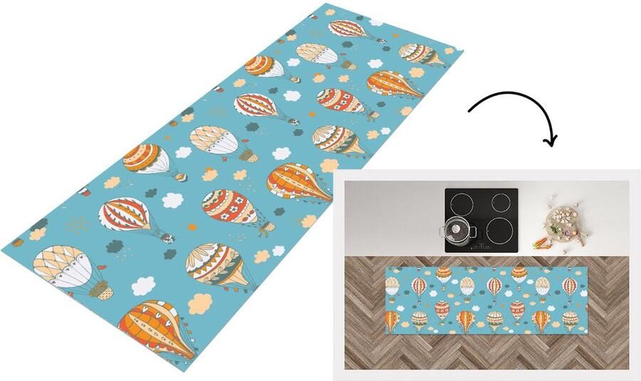 KitchenYeah Keukenloper Loper keuken Retro Luchtballon Pastel Kinderen Design 150x50 cm Keukenloper vinyl