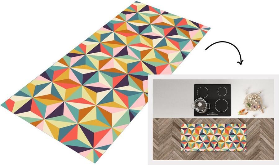 KitchenYeah Keukenloper Loper keuken Retro Regenboog 3D Geometrie Driehoek 120x50 cm Keukenloper vinyl