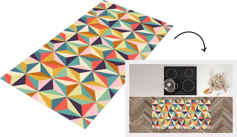 KitchenYeah Keukenloper Loper keuken Retro Regenboog 3D Geometrie Driehoek 120x60 cm Keukenloper vinyl