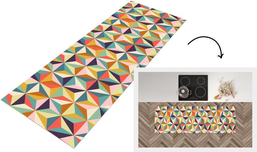KitchenYeah Keukenloper Loper keuken Retro Regenboog 3D Geometrie Driehoek 150x50 cm Keukenloper vinyl