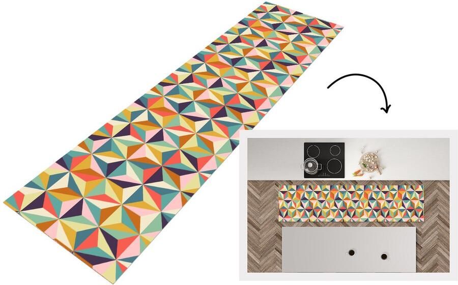 KitchenYeah Keukenloper Loper keuken Retro Regenboog 3D Geometrie Driehoek 240x60 cm Keukenloper vinyl