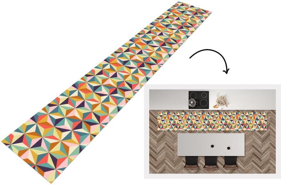 KitchenYeah Keukenloper Loper keuken Retro Regenboog 3D Geometrie Driehoek 300x50 cm Keukenloper vinyl