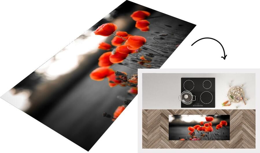 KitchenYeah Keukenloper Loper keuken Rode Klaprozen tegen zwarte met witte achtergrond 120x50 cm Keukenloper vinyl