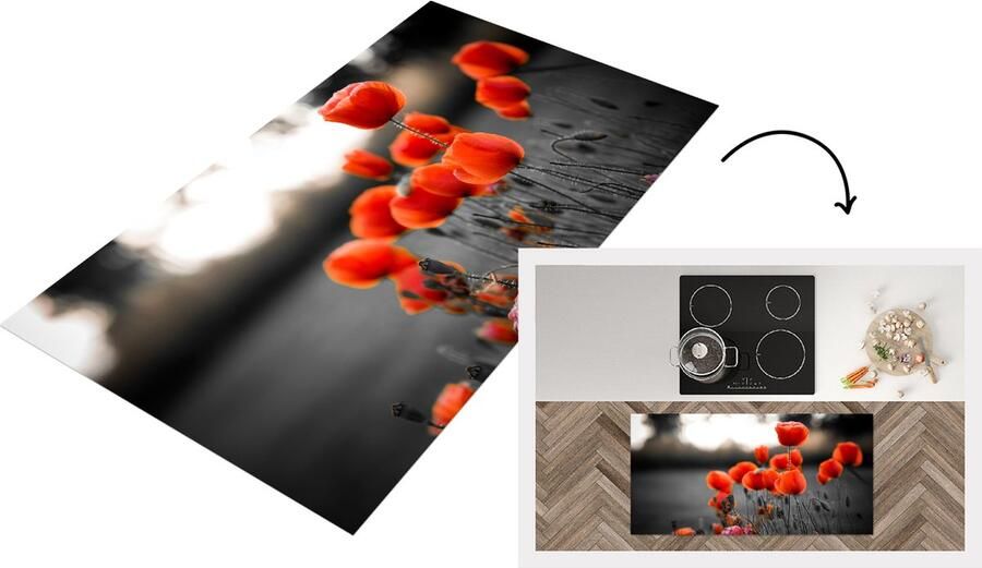 KitchenYeah Keukenloper Loper keuken Rode Klaprozen tegen zwarte met witte achtergrond 120x60 cm Keukenloper vinyl