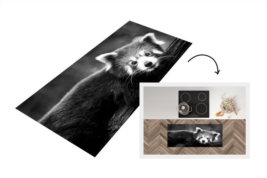 KitchenYeah Keukenloper Loper keuken Rode panda op een boomstam zwart wit 120x50 cm Keukenloper vinyl
