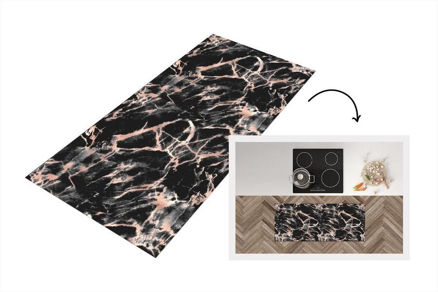 KitchenYeah Keukenloper Loper keuken Roségold Marmer Patronen Zwart 120x50 cm Keukenloper vinyl