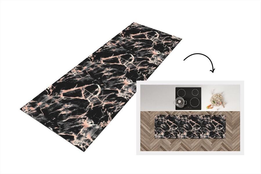 KitchenYeah Keukenloper Loper keuken Roségold Marmer Patronen Zwart 150x50 cm Keukenloper vinyl
