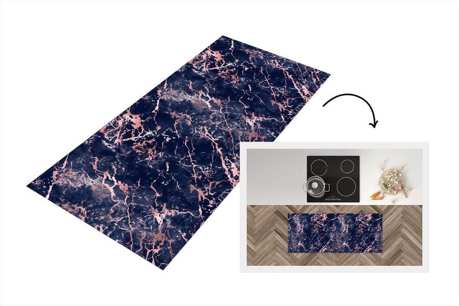 KitchenYeah Keukenloper Loper keuken Roze Marmer Blauw Patroon 120x50 cm Keukenloper vinyl
