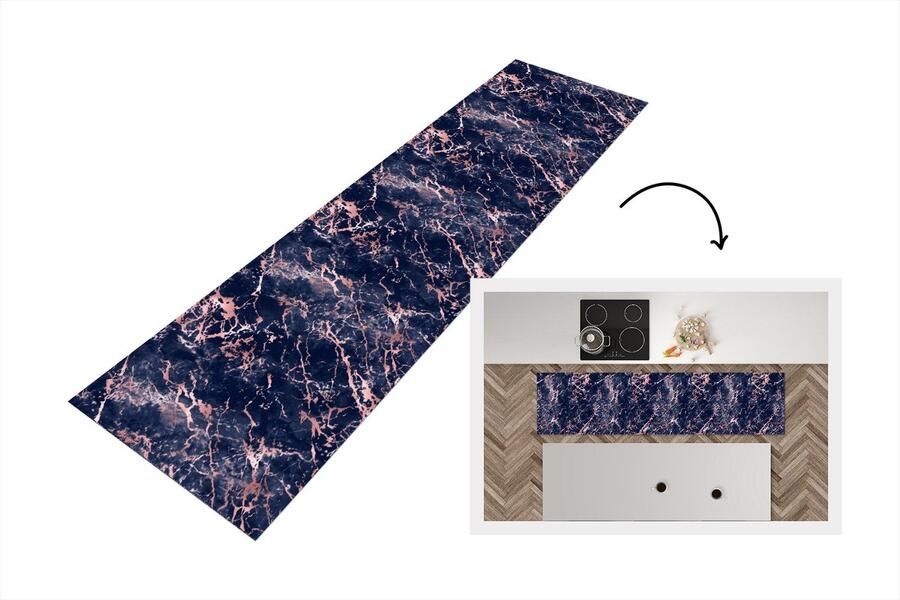KitchenYeah Keukenloper Loper keuken Roze Marmer Blauw Patroon 240x60 cm Keukenloper vinyl