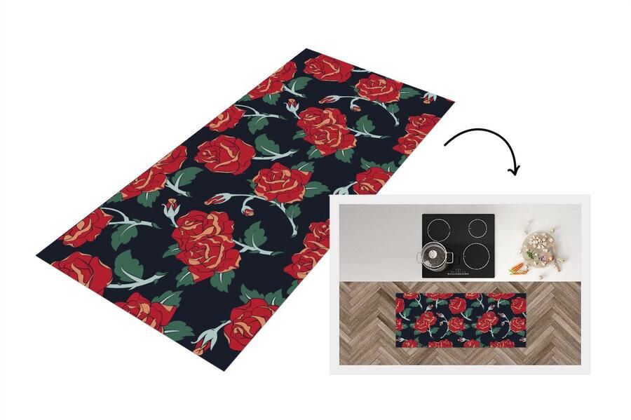 KitchenYeah Keukenloper Loper keuken Rozen Bloem Patroon Rood 120x50 cm Keukenloper vinyl