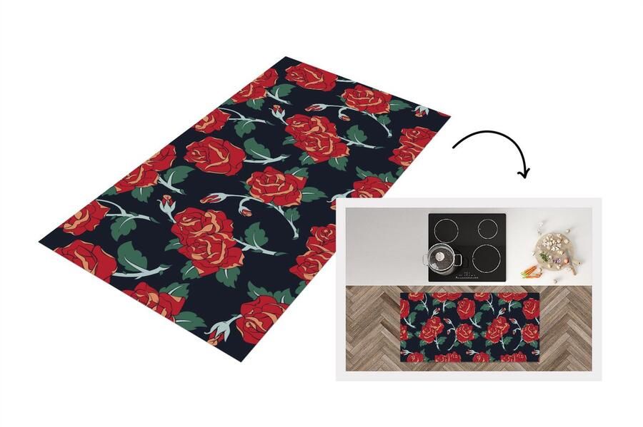 KitchenYeah Keukenloper Loper keuken Rozen Bloem Patroon Rood 120x60 cm Keukenloper vinyl