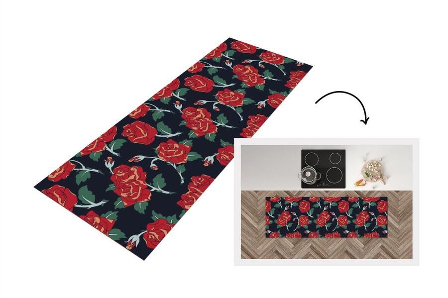 KitchenYeah Keukenloper Loper keuken Rozen Bloem Patroon Rood 150x50 cm Keukenloper vinyl