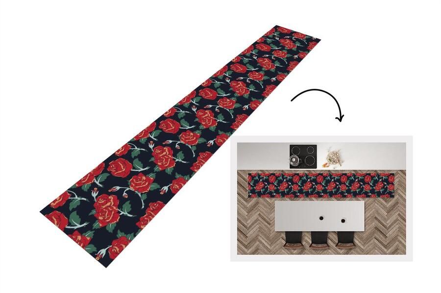 KitchenYeah Keukenloper Keukenmat Rozen Bloem Patroon Rood 360x60 cm Keuken vloerkleed