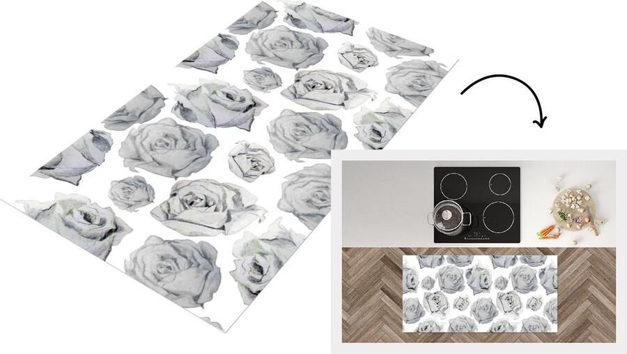 KitchenYeah Keukenloper Loper keuken Rozen Bloem Zwart Wit Patroon 120x60 cm Keukenloper vinyl