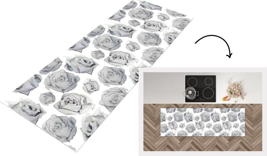 KitchenYeah Keukenloper Loper keuken Rozen Bloem Zwart Wit Patroon 150x50 cm Keukenloper vinyl