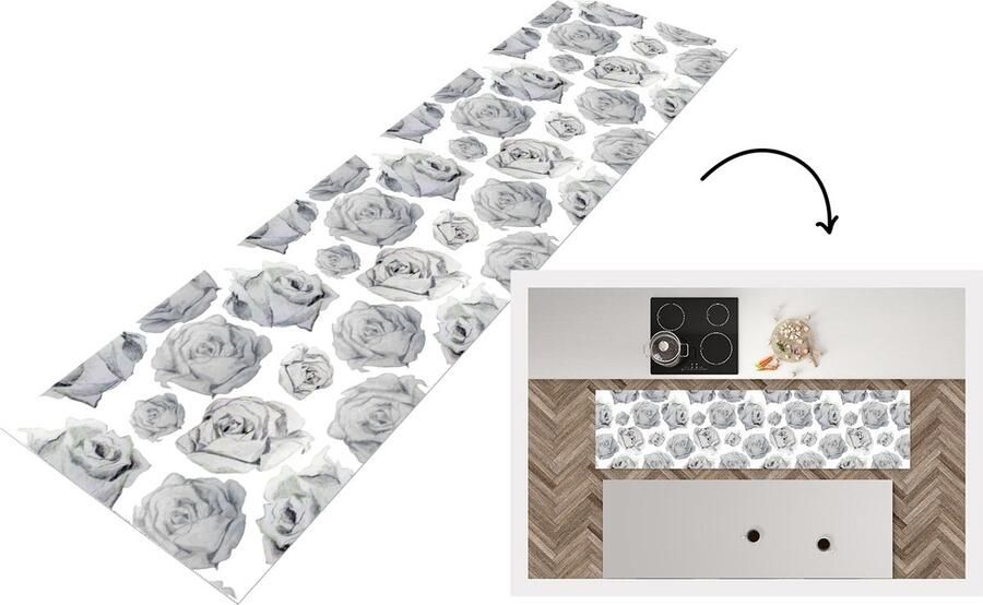 KitchenYeah Keukenloper Loper keuken Rozen Bloem Zwart Wit Patroon 240x60 cm Keukenloper vinyl