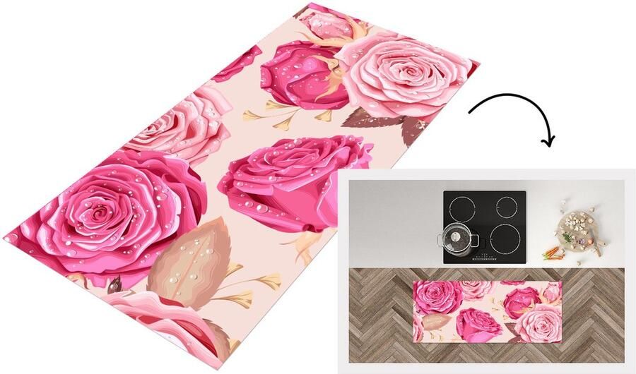 KitchenYeah Keukenloper Loper keuken Rozen Collage Roze 120x50 cm Keukenloper vinyl