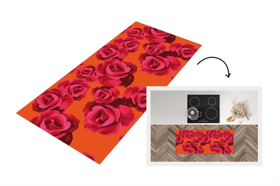 KitchenYeah Keukenloper Loper keuken Rozen Oranje Patroon 120x50 cm Keukenloper vinyl