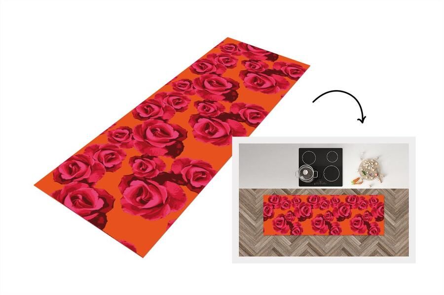 KitchenYeah Keukenloper Loper keuken Rozen Oranje Patroon 150x50 cm Keukenloper vinyl