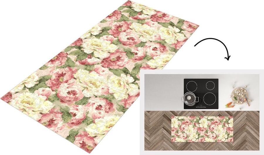 KitchenYeah Keukenloper Loper keuken Rozen Vintage Patronen 120x50 cm Keukenloper vinyl